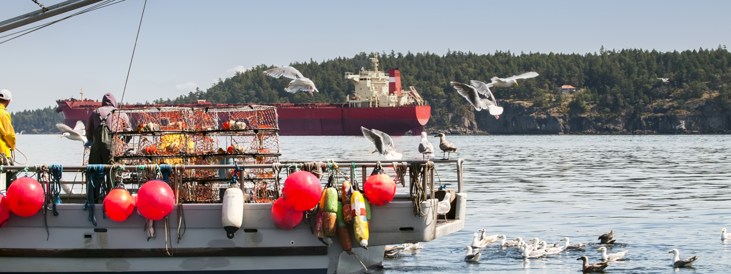 A crab boat with crabbers and traps working the ocean in Southern British Columbia.